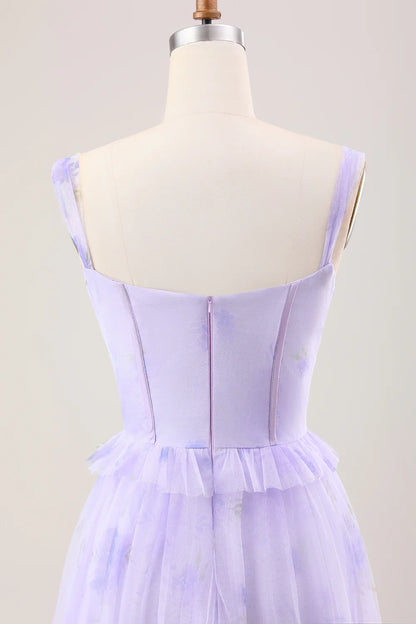 Gentle A Line Strap Print Floral Purple Tulle Prom Dress Graduation Prom Dress SH2658