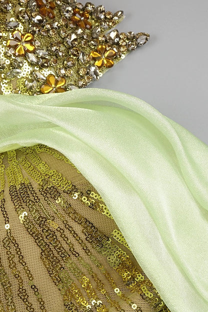 loveedsTM-Green sequined waist one shoulder dress-vx