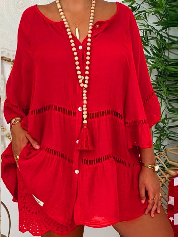 loveedsTM- Women Hollow Out Cotton Linen Mini Top Dress 2024 Summer V Neck Flared Sleeve Loose Irregular Dress Woman Casual Beach Dresses