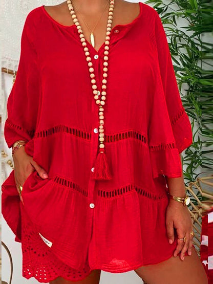 loveedsTM- Women Hollow Out Cotton Linen Mini Top Dress 2024 Summer V Neck Flared Sleeve Loose Irregular Dress Woman Casual Beach Dresses