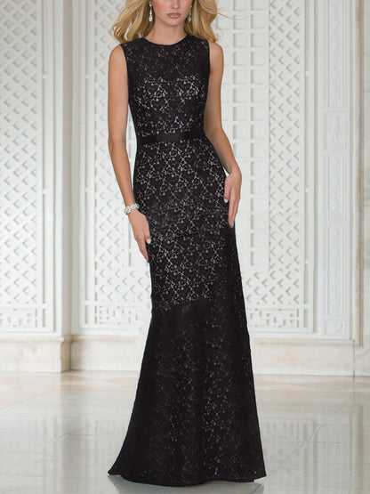 Round Neck Solid Color Lace Maxi Dress