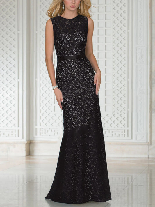 Round Neck Solid Color Lace Maxi Dress