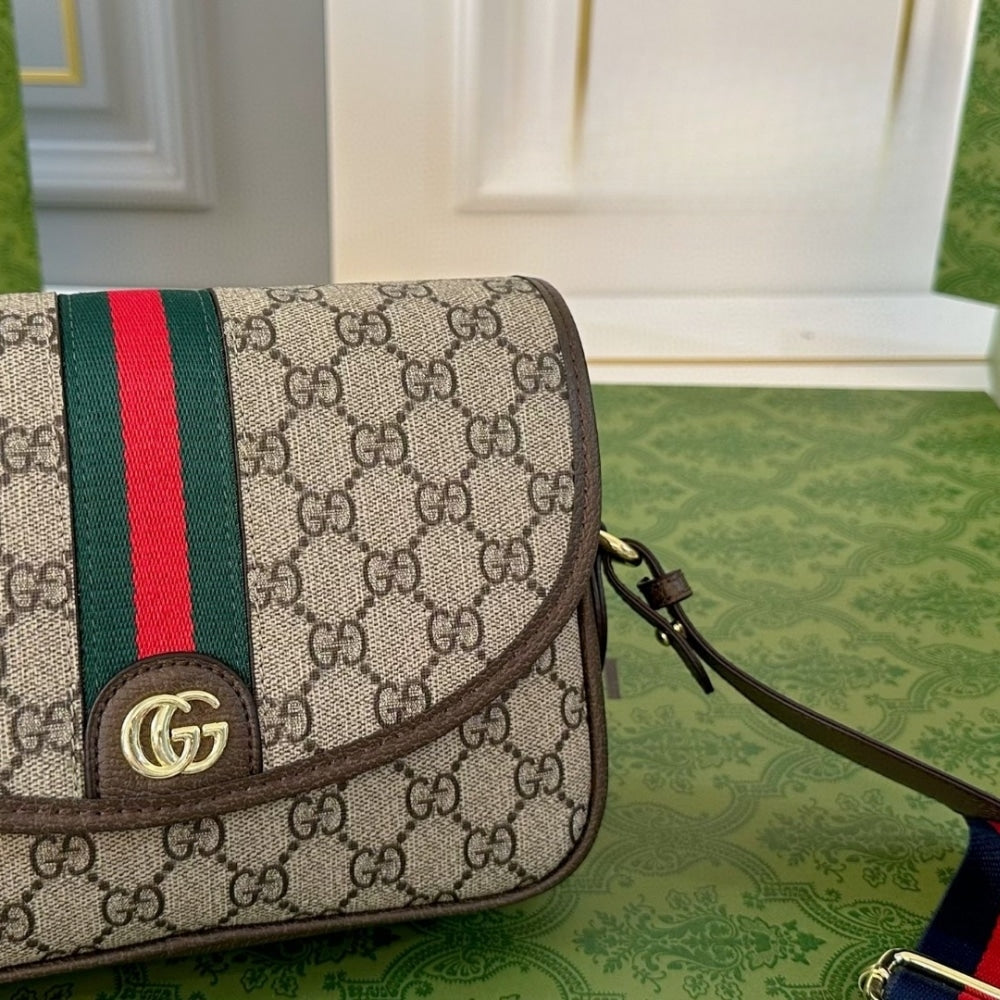 GUCCI OPHIDIA SMALL SHOULDER BAG BEIGE AND DARK BROWN 23CM 722117 FAAX3 9789