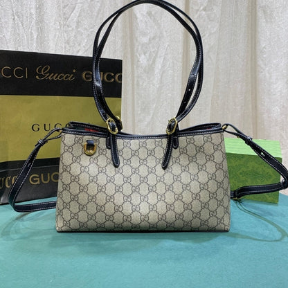 GUCCI GG EMBLEM SMALL TOTE BAG BEIGE AND DARK BROWN 31CM 815214 FAD6L 9741