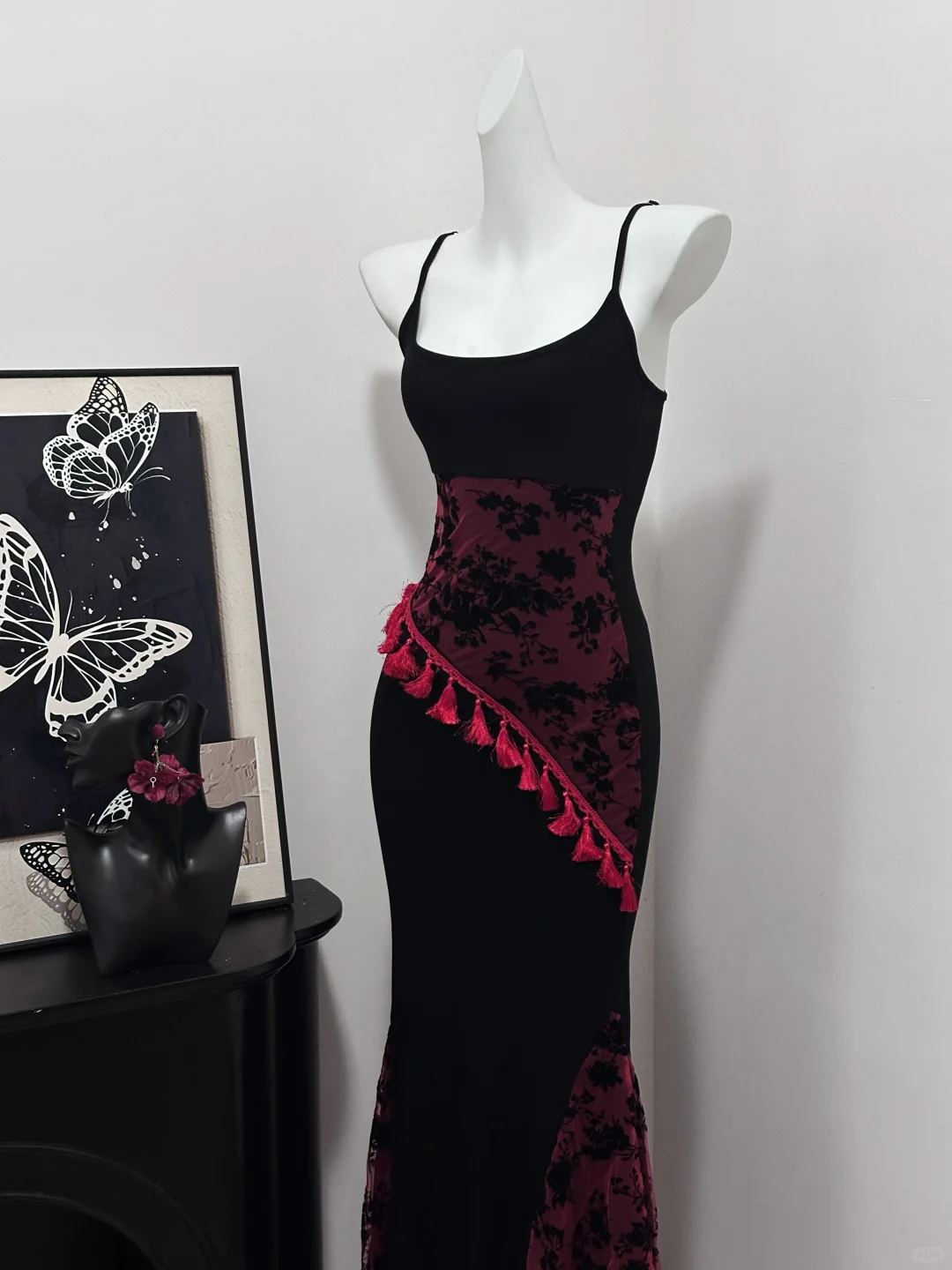 Classy Spaghetti Strap Black Burgundy Sheath Mermaid Birthday Party Dress Evening Gown S630