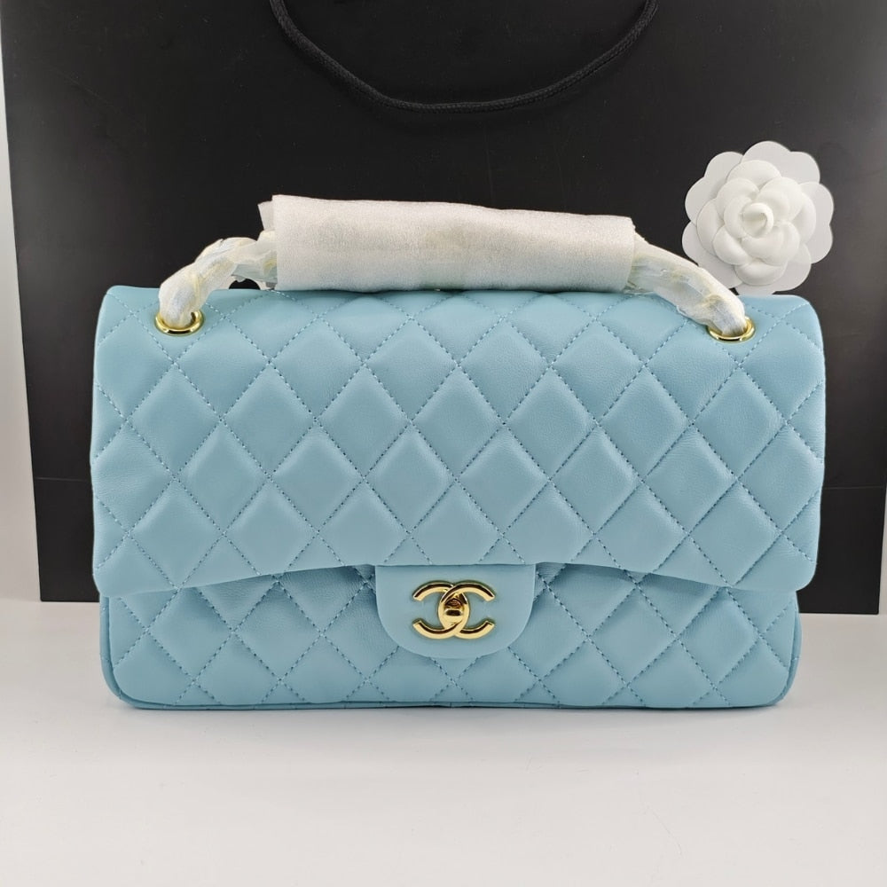 CHANEL CLASSIC 11.12 HANDBAG GOLD TONE METAL LIGHT BLUE 30CM