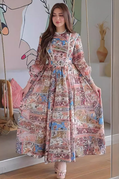 loveedsTM-Round Neck Printed Long Sleeve Slim Belted Women's Dress