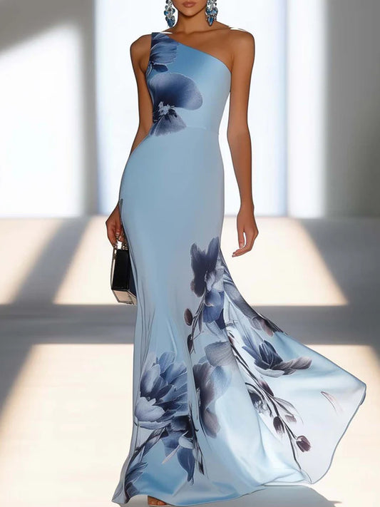 One Shoulder Blue Chiffon Maxi Dress With Elegant Flowers