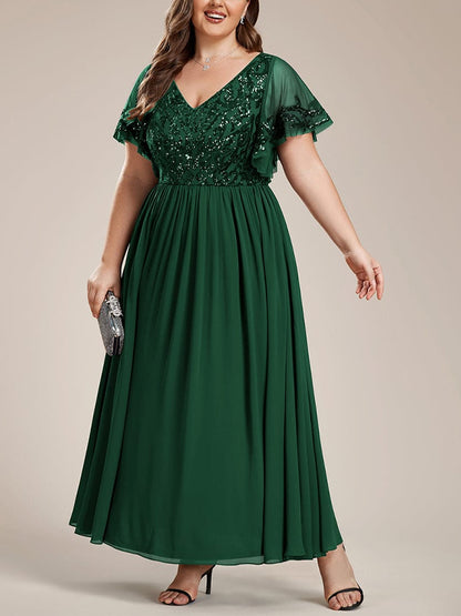 V-neck Lace Sequin Solid Color Maxi Dress