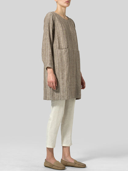 Round Neck Cotton And Linen Top And Trousers Suit