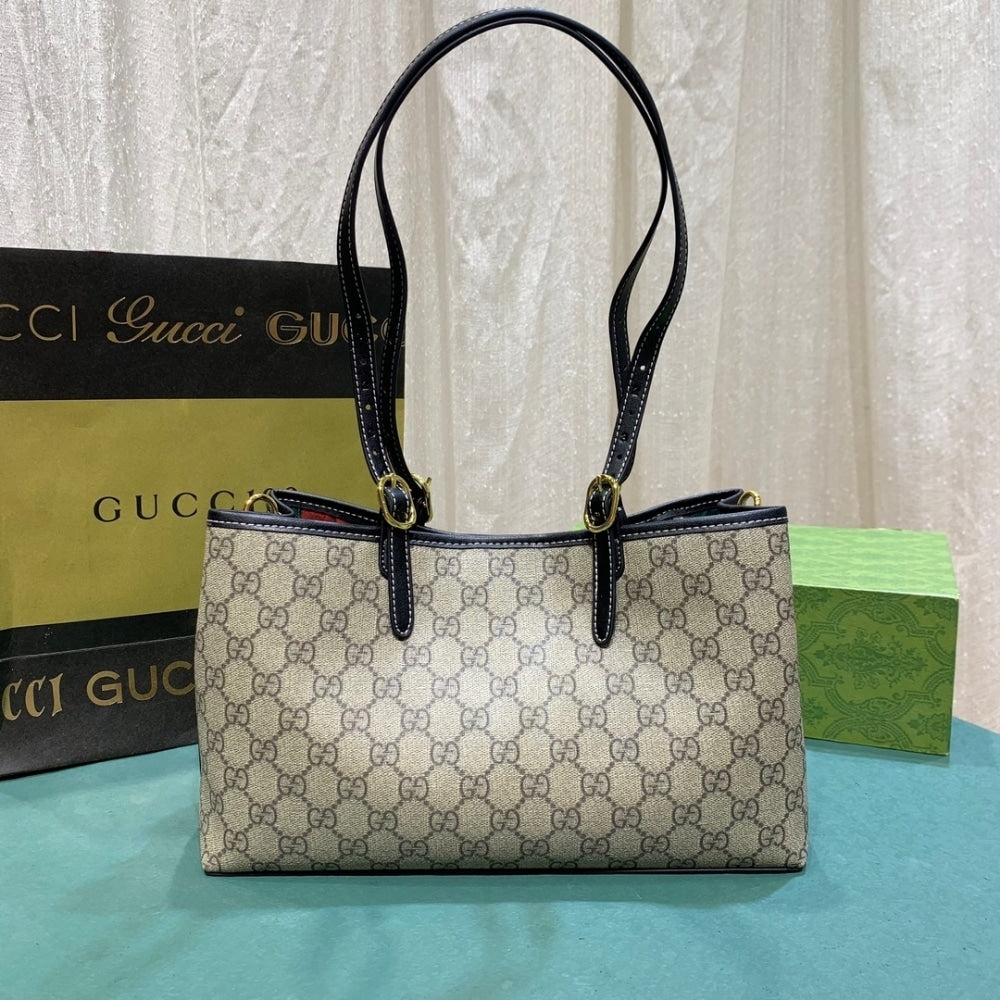 GUCCI GG EMBLEM SMALL TOTE BAG BEIGE AND DARK BROWN 31CM 815214 FAD6L 9741