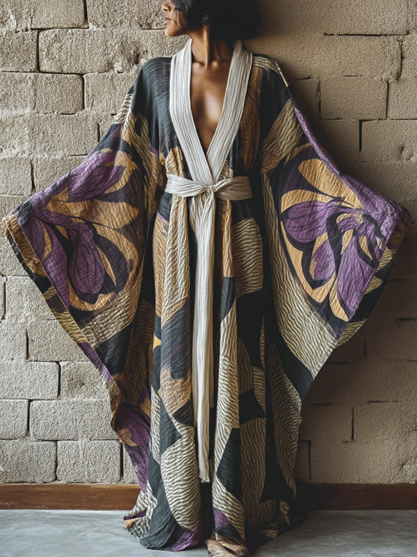 Purple V-neck Cotton And Linen Printed Robe Dress Maxi Dress
