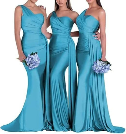 Pink One Shoulder Mermaid Satin Bridesmaid Dresses
