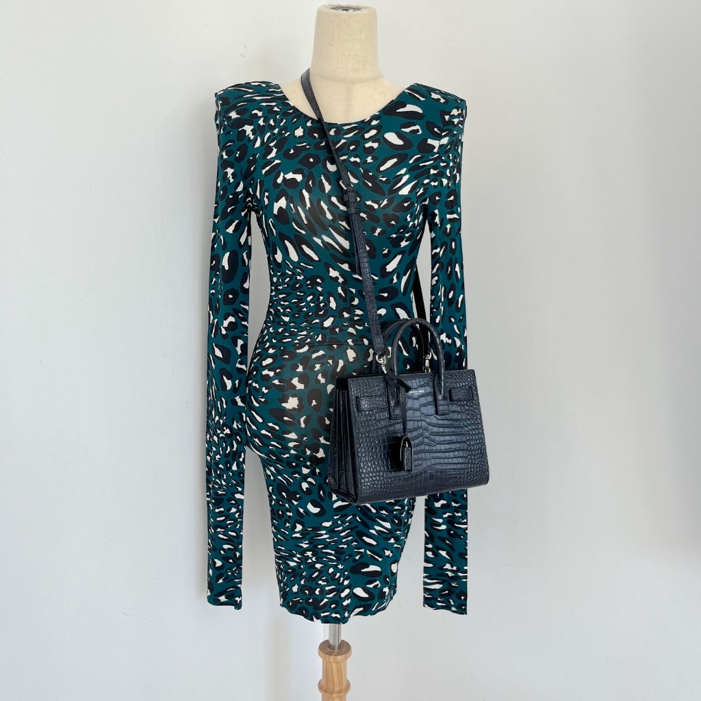 Saint Laurent navy croc embossed shiny leather Nano Sac De Jour bag