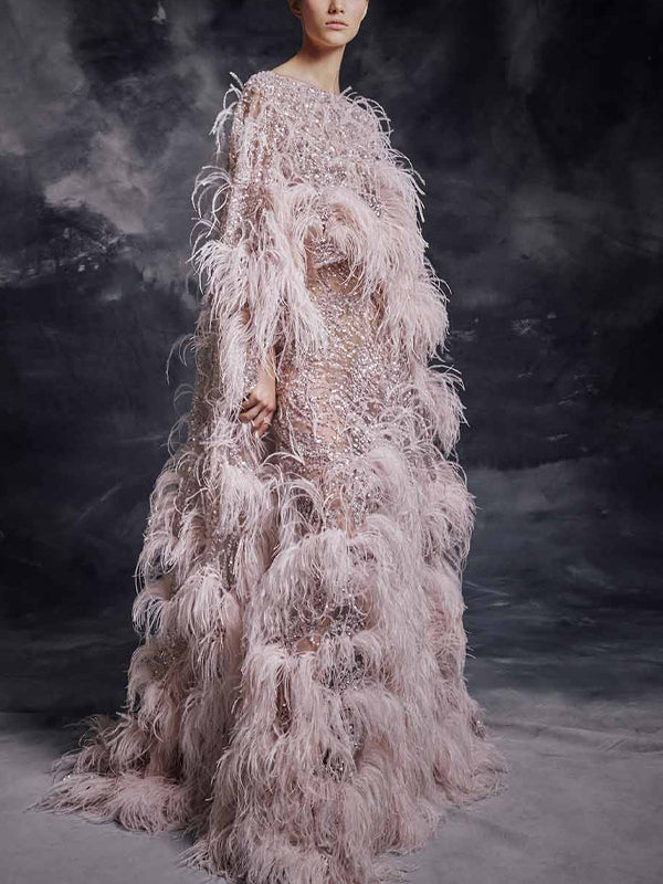 Round Neck Feather Sequin Long Sleeves Maxi Dress