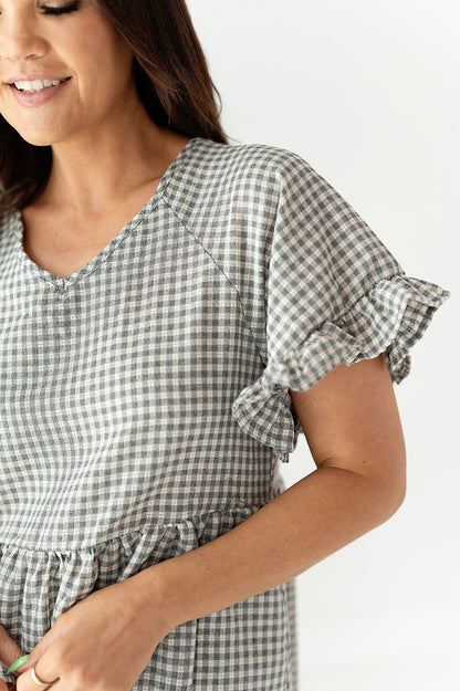 loveedsTM-Jenni Gingham Ruffle-Sleeve Dress in Light Grey