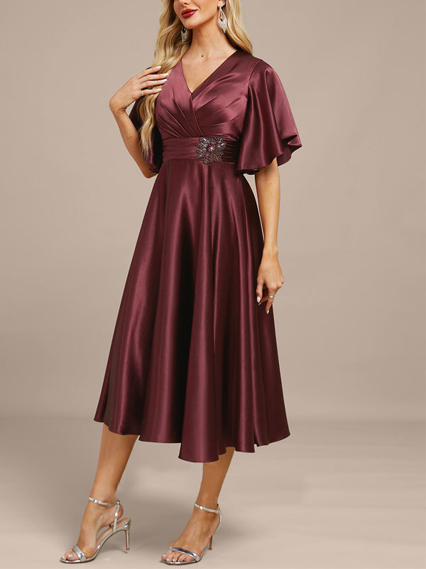 V-neck Satin Solid Color Midi Dress