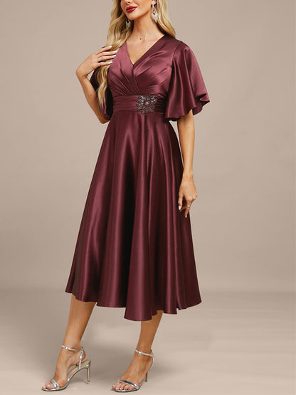 V-neck Satin Solid Color Midi Dress