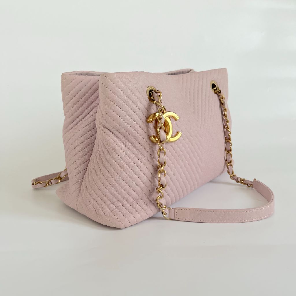 Chanel Chevron Leather Tote Bag Pink