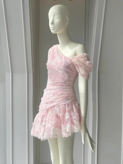 Cute Sheath One Shoulder Pink Lace Short Satin Formal Homecoming Dresses Party Graduation Dress Hoco Dresses DH2777