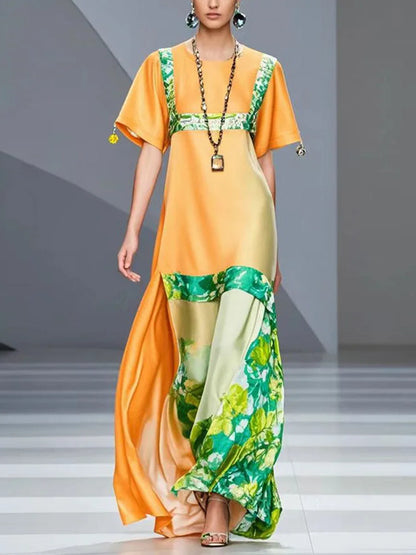 Orange Printed Fitted Silk Robe Dress