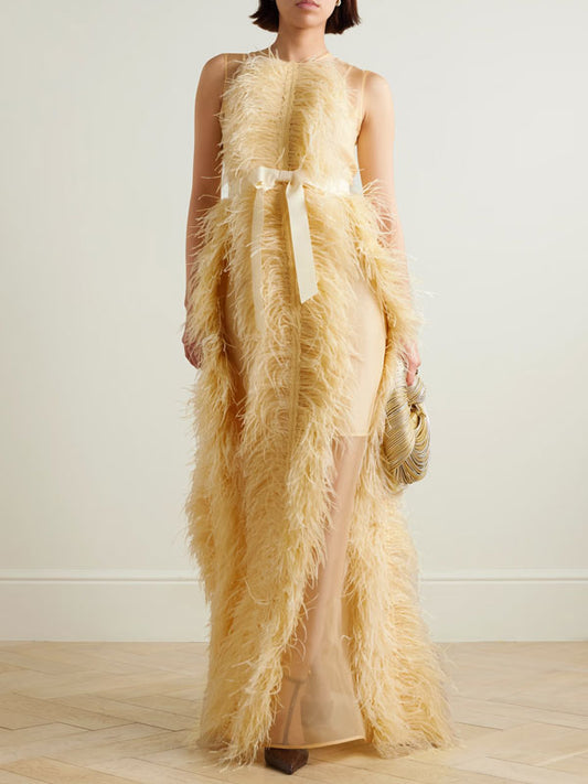 Feather and Grosgrain-trimmed Silk-organza Gown
