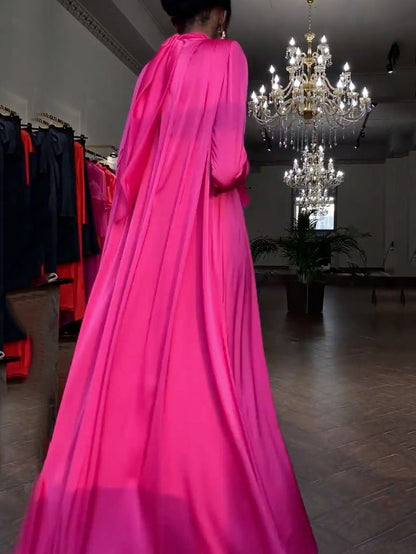 loveedsTM- Flared Sleeves Long Sleeves Solid Color High-Neck Maxi Dresses