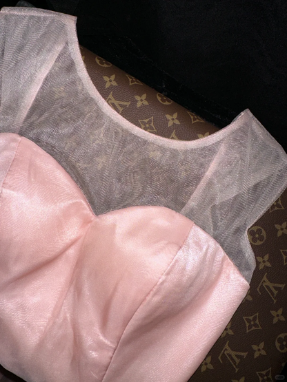 Classy A Line Round Neck Pink Tulle Satin Prom Dress Evening Dress SH3104