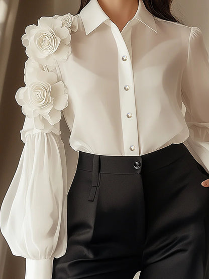 White Chiffon Blouse With 3D Flower Decoration On Sleeves