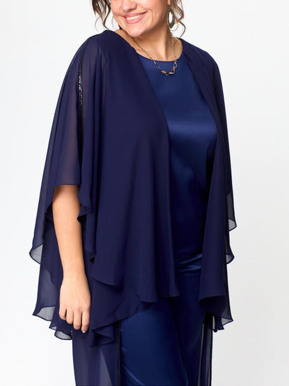 Round Neck Solid Color Chiffon Top And Trousers Suit