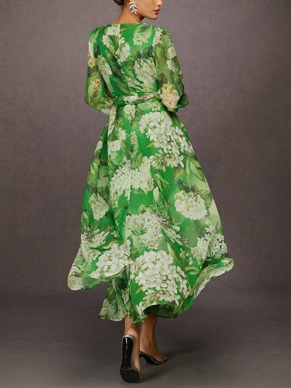 Elegant Floral Printing V-Neck Maxi Dress