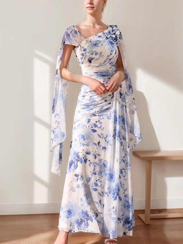 A-Line/Princess V-Neck Pleated Printed Floral Mother of the Bride Dresses