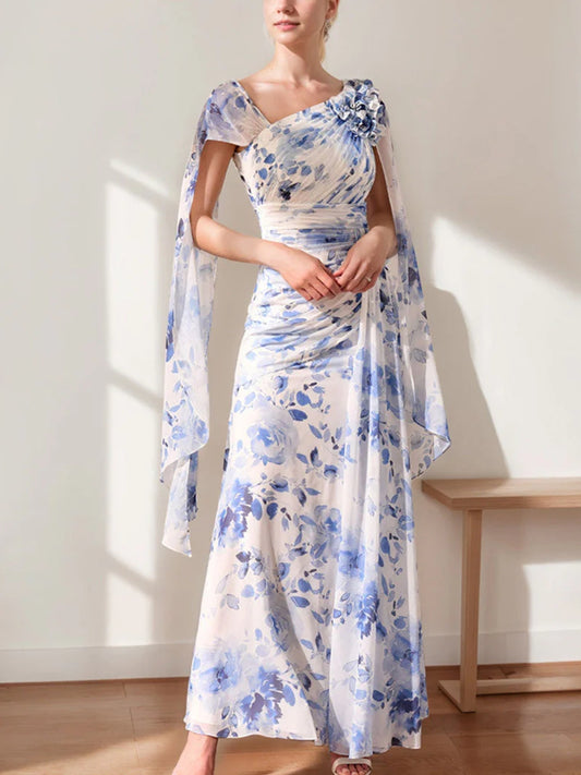 A-Line/Princess V-Neck Pleated Printed Floral Mother of the Bride Dresses