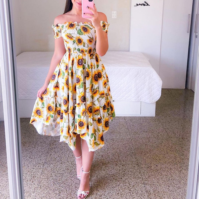 loveedsTM-Sexy Off The Shoulder Tube Top Dress Butterfly Rainbow Floral Print Dress Ladies Elegant Slim Summer Bohemian Party Maxi Dresses