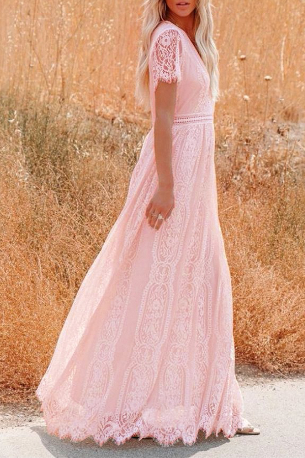 loveedsTM-Fashion Elegant Solid Lace Split Joint V Neck A Line Dresses