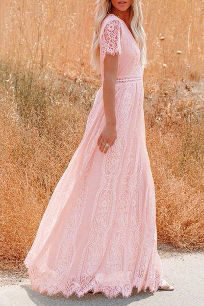 loveedsTM-Fashion Elegant Solid Lace Split Joint V Neck A Line Dresses