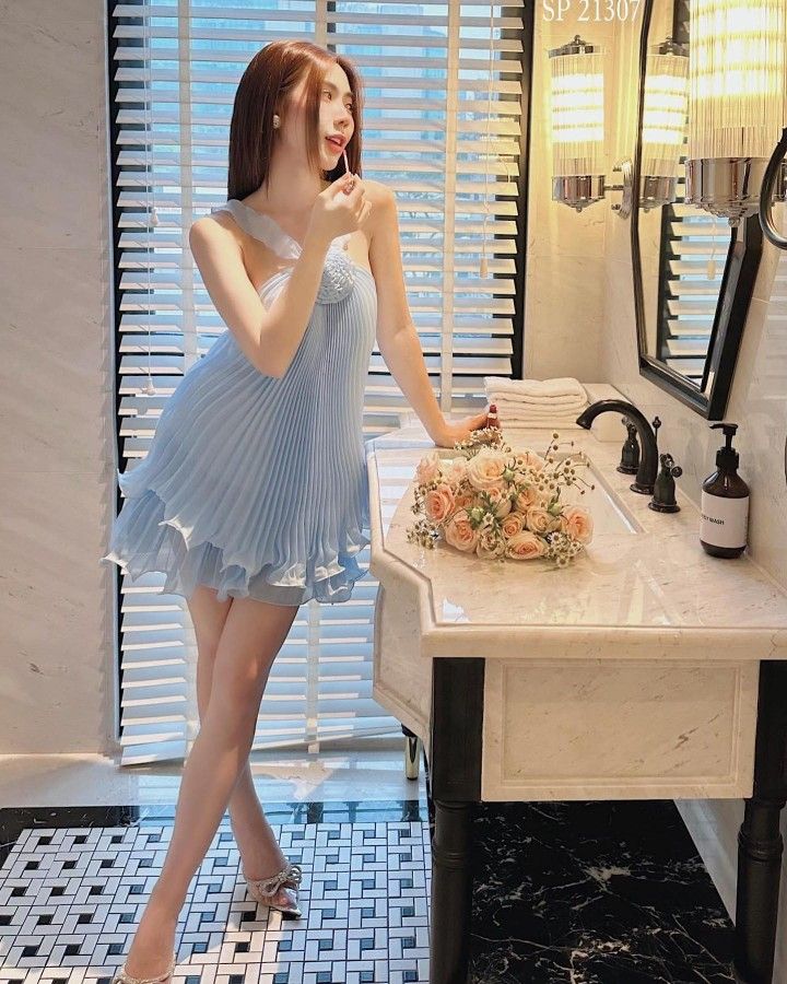Cute A Line Halter Baby Blue Pleated Chiffon Short Homecoming Dress Birthday Dress SH2861