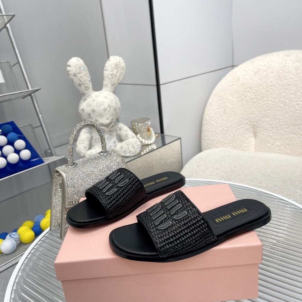 MIUMIU RAFFIA EFFECT WOVEN FABRIC SLIDES BLACK 5XX644 3LOM F0002 F 005