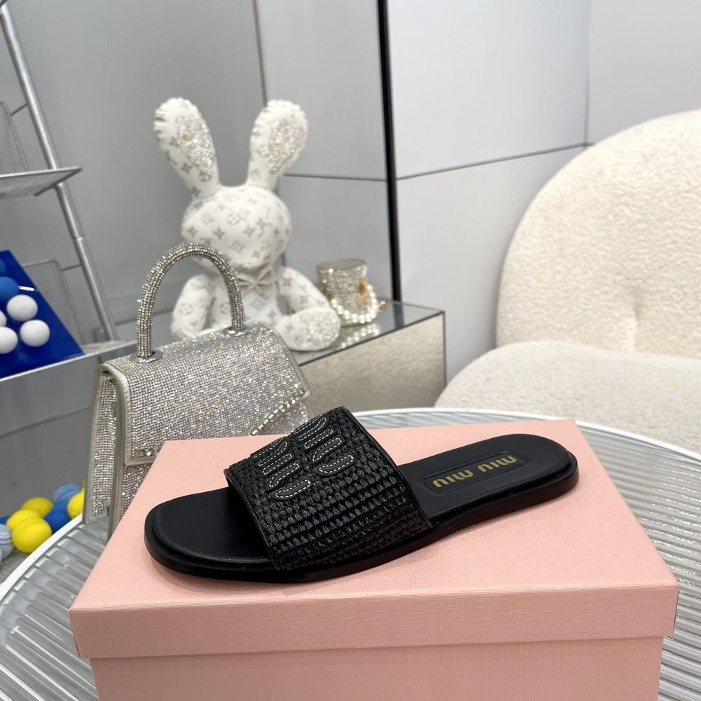 MIUMIU RAFFIA EFFECT WOVEN FABRIC SLIDES BLACK 5XX644 3LOM F0002 F 005