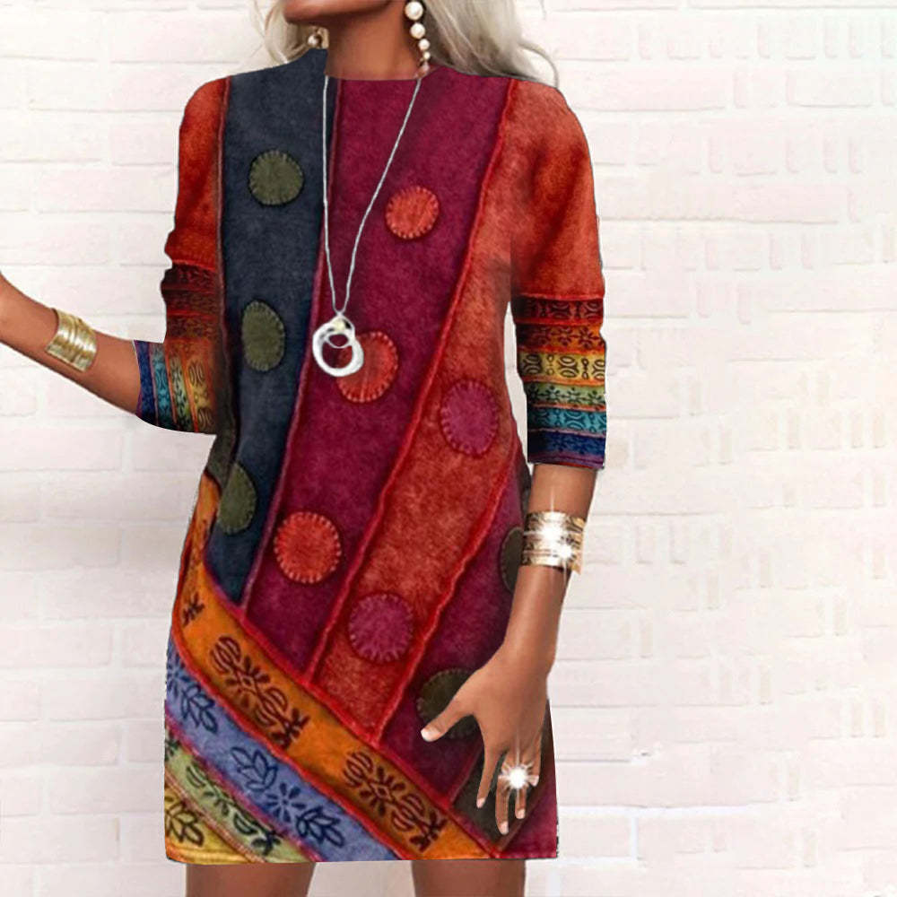 loveedsTM- Elegant Round Neck Geometric Printing Long Sleeve A-line Skirt Autumn Winter New Fashion Patchwork Slim Mini Dress Women