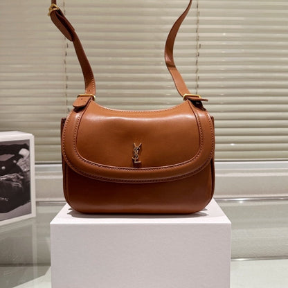 SAINT LAURENT CHARLIE LOGO PLAQUE MEDIUM SHOULDER BAG BROWN 21CM