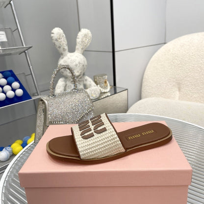 MIUMIU RAFFIA EFFECT WOVEN FABRIC SLIDES NATURAL 5XX644 3LOM F0018 F 005