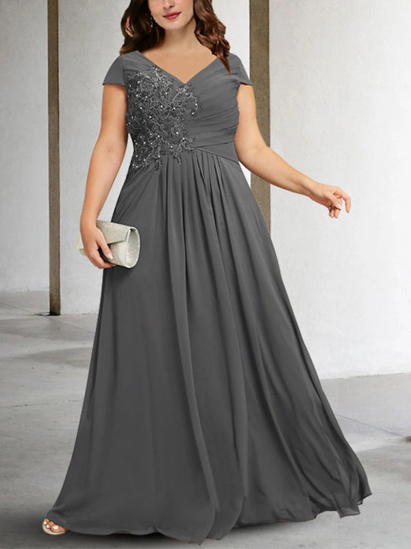 Plus Size V-neck Solid Color Lace Sequins Maxi Dress