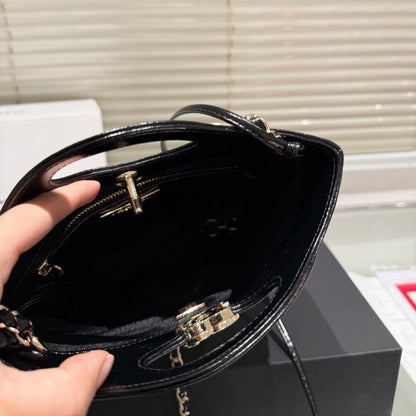 CHANEL 31 MINI SHOPPING BAG PATENT GOLD TONE METAL 23CM