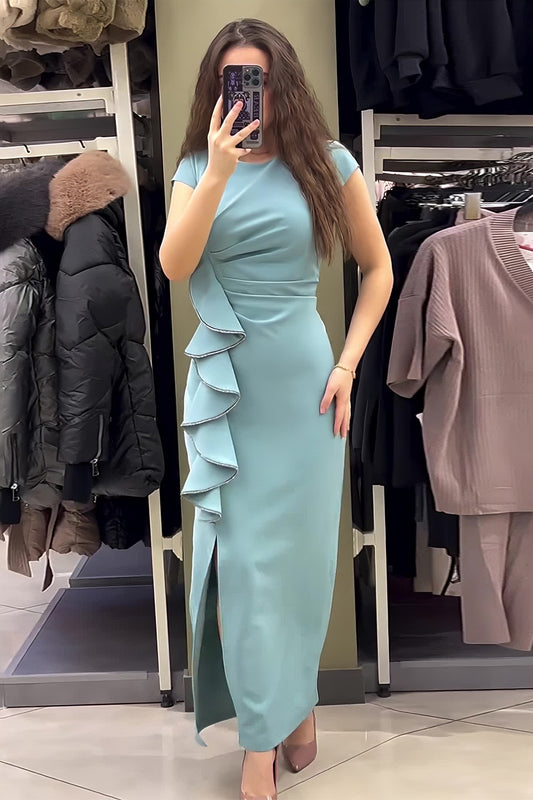 loveedsTM-Solid color short sleeve slit slim dress