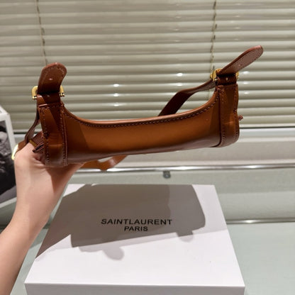 SAINT LAURENT CHARLIE LOGO PLAQUE MEDIUM SHOULDER BAG BROWN 21CM