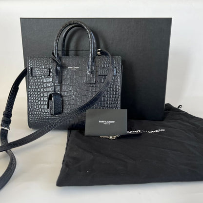 Saint Laurent navy croc embossed shiny leather Nano Sac De Jour bag