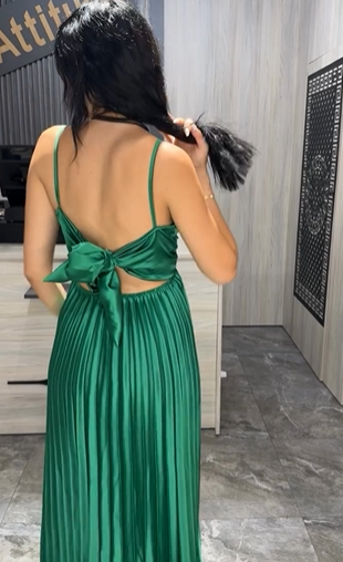 Stunning A Line Spaghetti Strap Green Satin Open Back Prom Dress Evening Dress SH1341