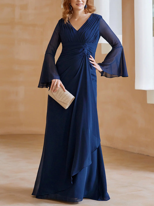 V Neck Pleated Floor-Length Dress