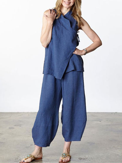Casual Linen Tie Sleeveless Women's Sets